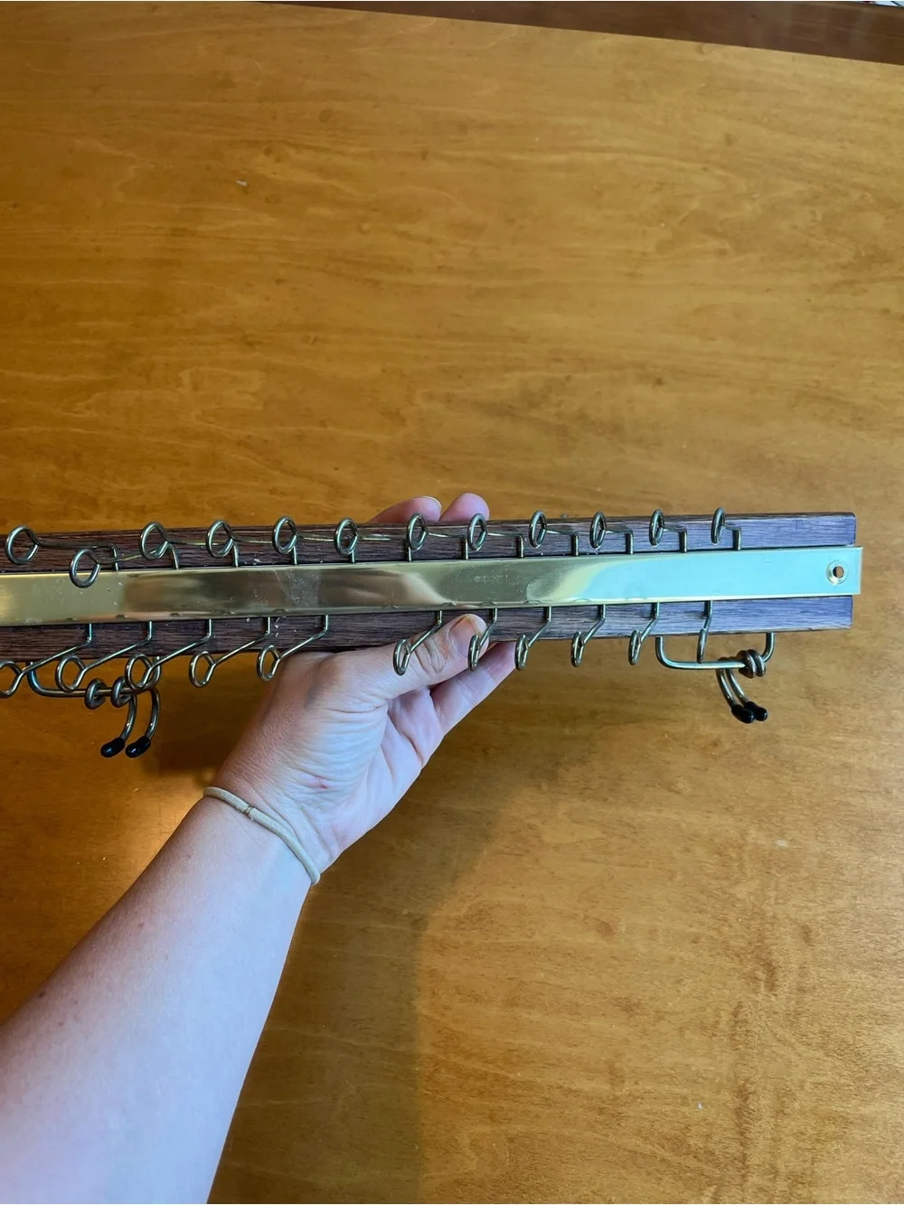 Vintage Brass Wall-Mounted Tie and Belt Rack in Wood and Brass Tones